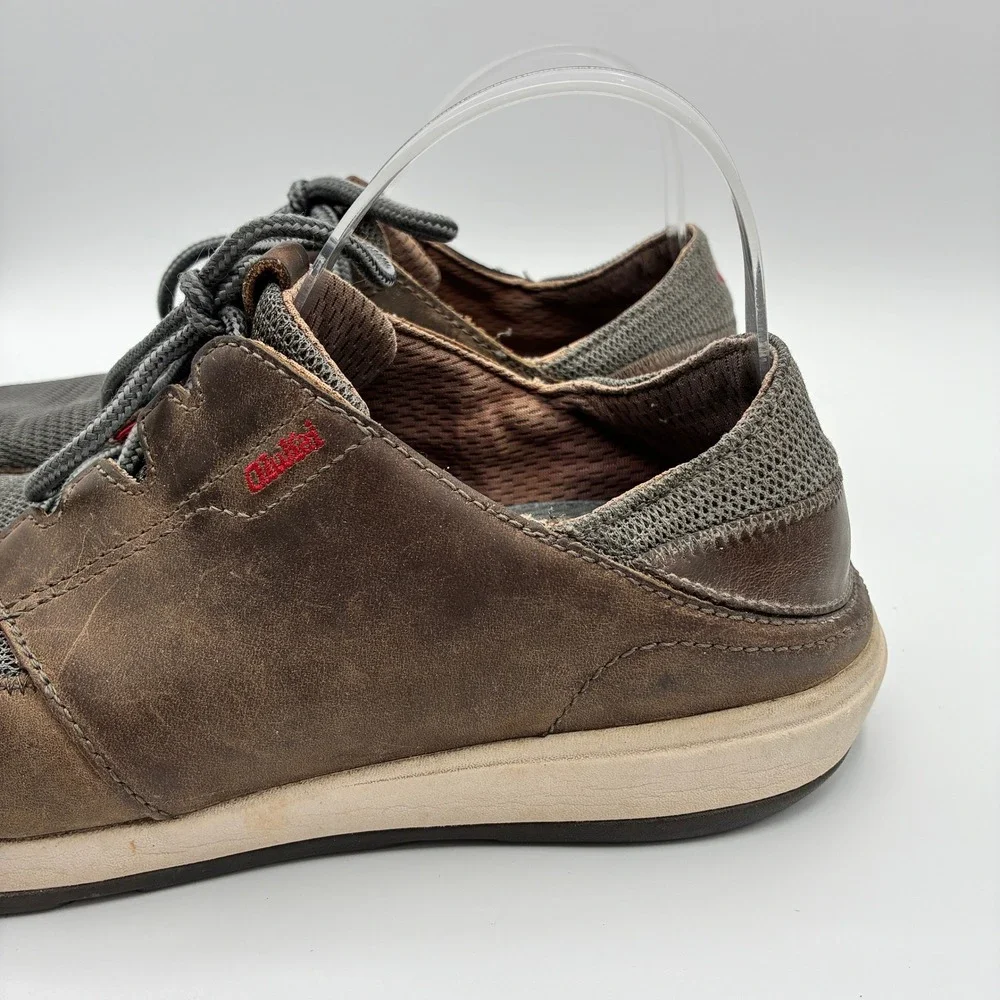 OluKai Makia Leather Boat Shoes Mens 9 EU 42 Brown Gray Lace Up Sneakers